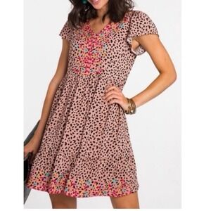 Savanna Jane Pink Leopard Print Embroidered Boho Babydoll Dress Size Large